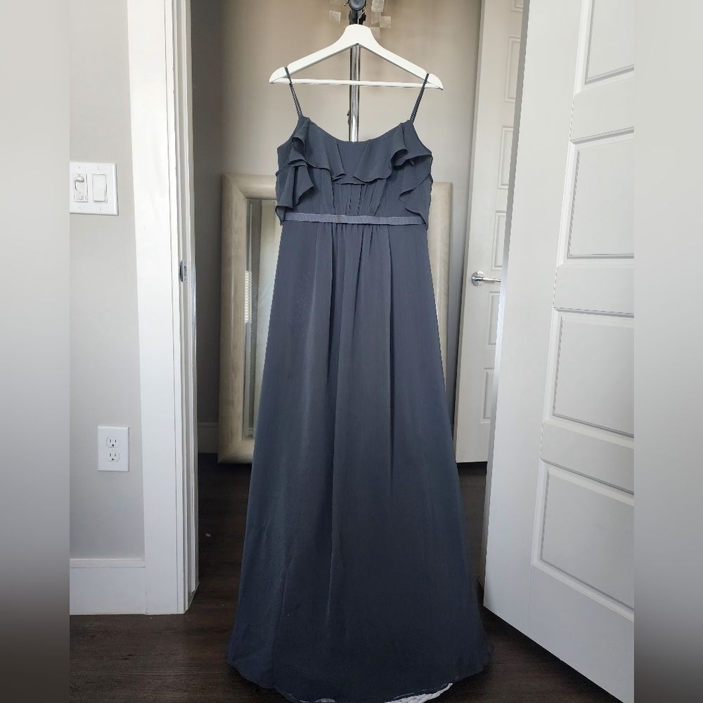 David's Bridal Charcoal Ruffle Chiffon Spaghetti Strap Gown